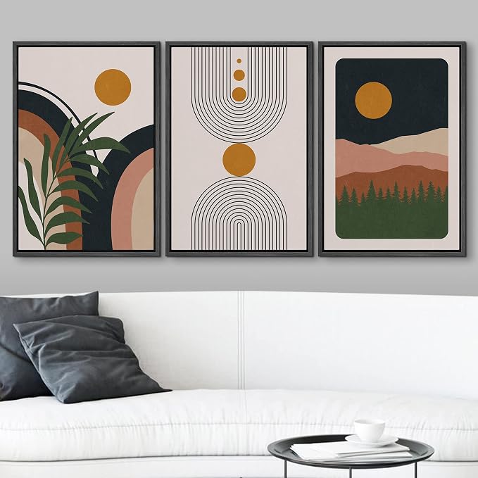 wall26 Framed Canvas Print Wall Art Set Boho Geometric Mid-Century Plant Planet Landscape Nature Abstract Illustrations Modern Bohemian Decorative for Living Room, Bedroom, Office - 16"x24"x3 Black