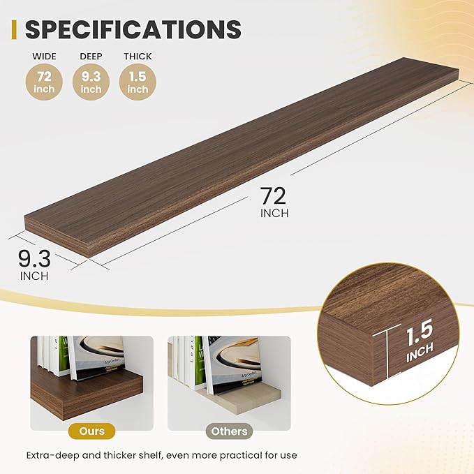 72 Inch Floating Shelves, 9.3" Deep Floating Shelf Wall Mounted, 72" Wall Shelves, Rustic Deep Bookshelf, Large Display Shelves & Storage Shelves for Bedroom, Living Room, Walnut, Set of 2