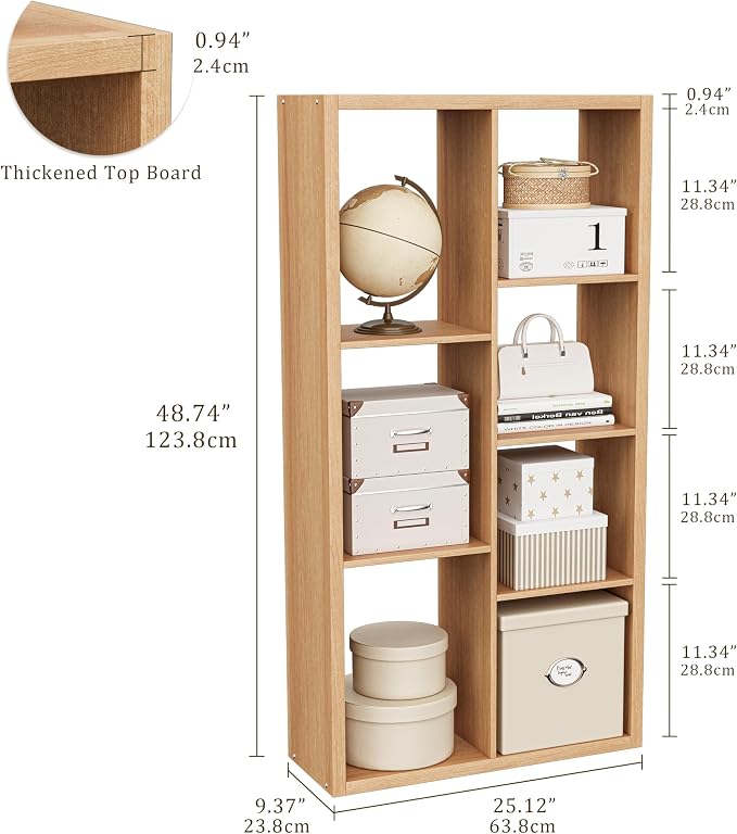 VDNEND Cube Storage Organizer Bookcase, Decorative 11 inch Open Back Cubical Shelf with Thickened Border, Display Bookshelf for Living Room, Home Office, Sturdy Room (Natural Oak, 7 Cube,Standard)