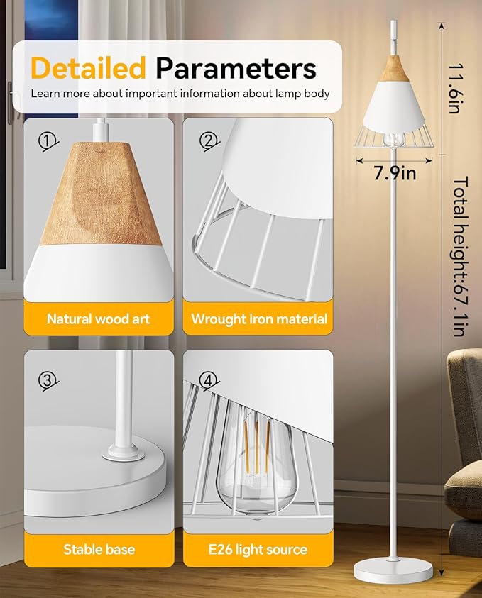 67" Industrial Floor Lamp with Wood & Black Metal Shade, Modern Standing Lamp, Rustic Farmhouse Tall Lamp for Living Room Bedroom Office, 2700K Bulb & Foot Switch Included (White)
