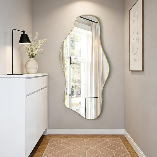 Irregular Mirror, 47.2"x21.6" Asymmetrical Frameless Mirrors, Gold Abstract Wall Mirror Decorative, Modern Unique Shaped Mirrors for Living Room Bathroom Bedroom Hallway Entryway Fireplace