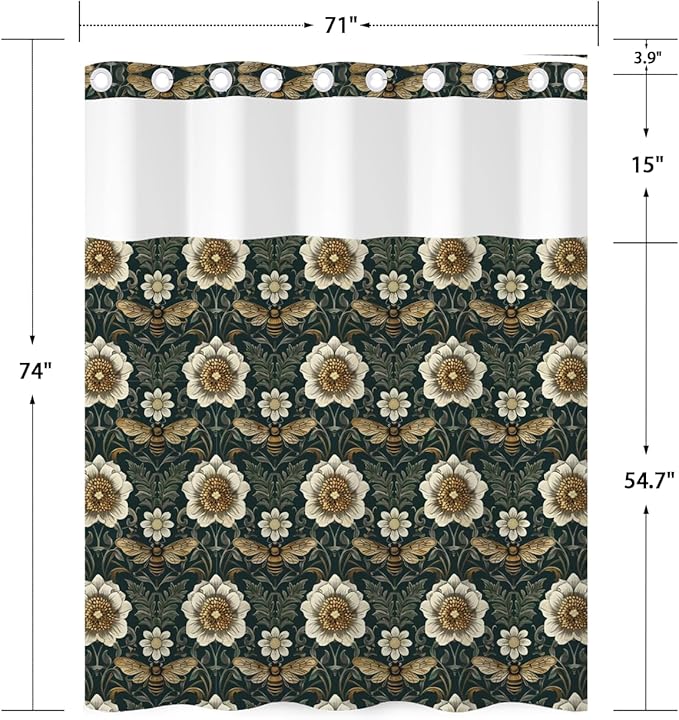 No Hook Shower Curtain with Snap in Liner Set - Vintage William Morris Floral & Bee Print Shower Curtains for Modern Farmhouse Bathroom, Waterproof Bath Tub Curtain with Mesh Top, 71Wx74H