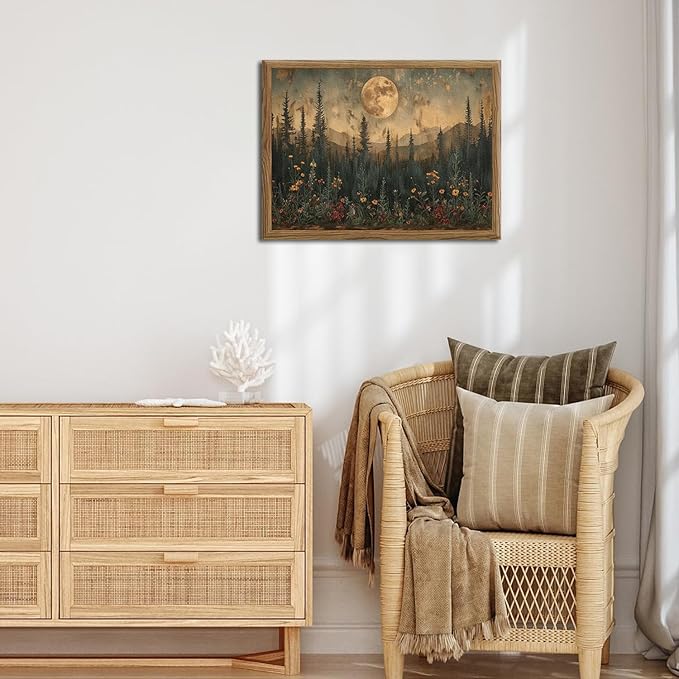 Vintage Nature Forest Wall Art Dark Moon Landscape Painting Wall Decor Woodland Picture Artwork 3D Textured Hand Drawn Sandstone for Farmhouse Bedroom Living Room 16x24 inch Wood Framed