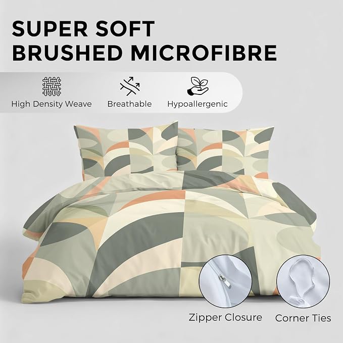 Sage Green Geometric Duvet Cover Oversized King Size, Boho Abstract Bedding Set 3 pcs with 2 Pillow Covers, Mid Century Modern Bedroom Decor, Soft Microfiber Reversible, Zipper & Ties KJJT 109