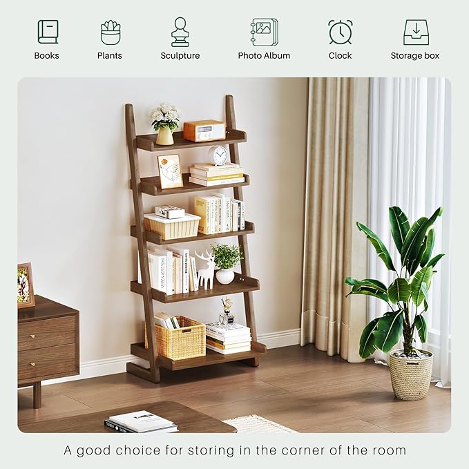 Wooden Walnut Ladder Shelf - 5-Tier Solid Wood Leaning Ladder Bookshelf Shelves Bookcase for Saving Space, 55" H Book Shelf for Living Room & Bedroom & Home Office