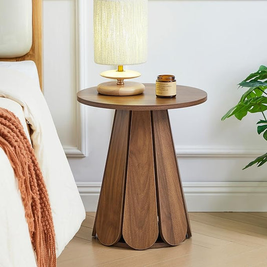 Small Round End Table Nightstand, Mid Century Modern Side Table, Circle Bedside Tables Wood Night Stand for Bedroom, Living Room, Small Space, Walnut