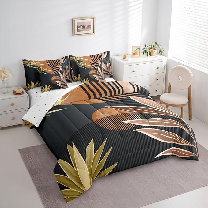Erosebridal 7 Piece Boho Mid Century Bedding Sets King Modern Minimalist Simplistic Comforter Set,Retro Geometric Aesthetic Bed in a Bag Line Art Sheet Set with Comforter,Brown Black