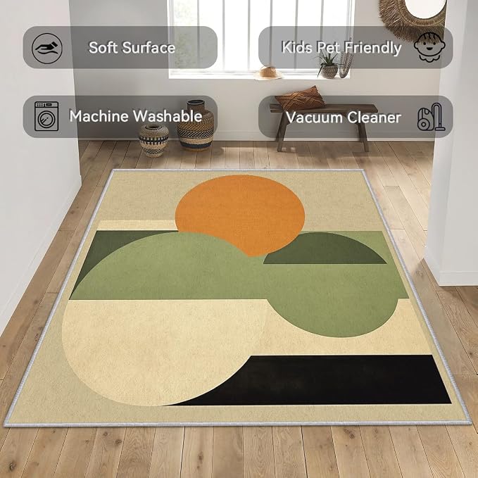 Mid Century Modern Rug 4x5, Washable Abstract Geometric Rugs for Living Room Bedroom, Minimalist Area Rug for Home Decor, Non Slip Backing Floor Carpet - 4 x 5 ft