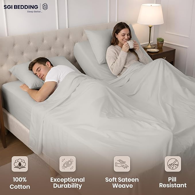 SGI Split King Sheet Set for Adjustable Bed Egyptian Premium Cotton 600 Thread Count Sheets for Sleep Number Bed 15" Deep Pocket 5 Pc Set with 2 Twin XL Fitted Sheets Soft Breathable -Light Grey