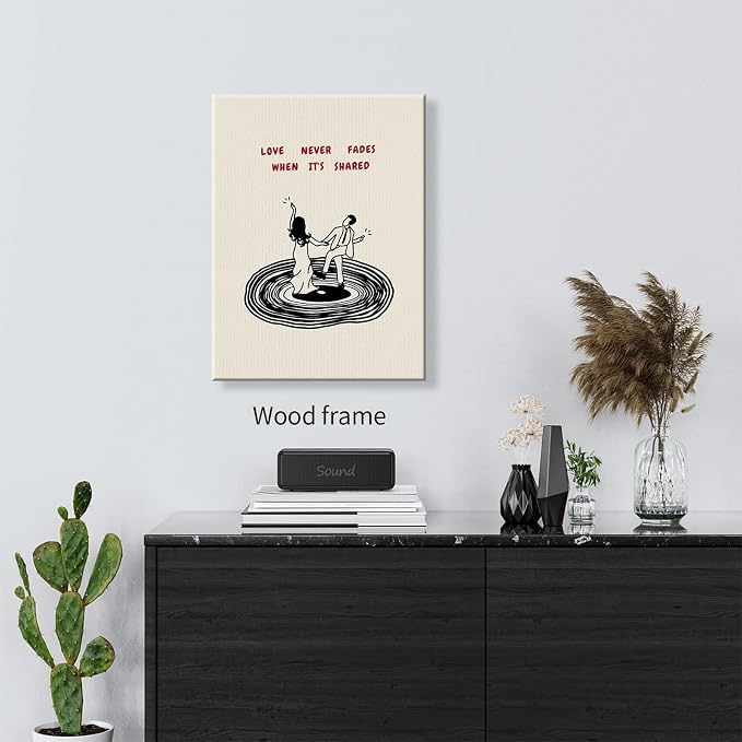 Romantic Valentines Day Couple Dance Wall Art Modern Love Quotes Poster Minimalist Vinyl Record Canvas Prints for Living Room Bedroom Home Wall Decor 016X20 inch Wood Framed