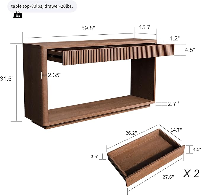 Wood Console Table, 59.8" Retro Long Sofa Table Behind Couch with 2 Fluted Drawers, Farmhouse Wooden Narrow Sofa Table Hall Table for Living Room Foyer Entrance Entryway, Walnut