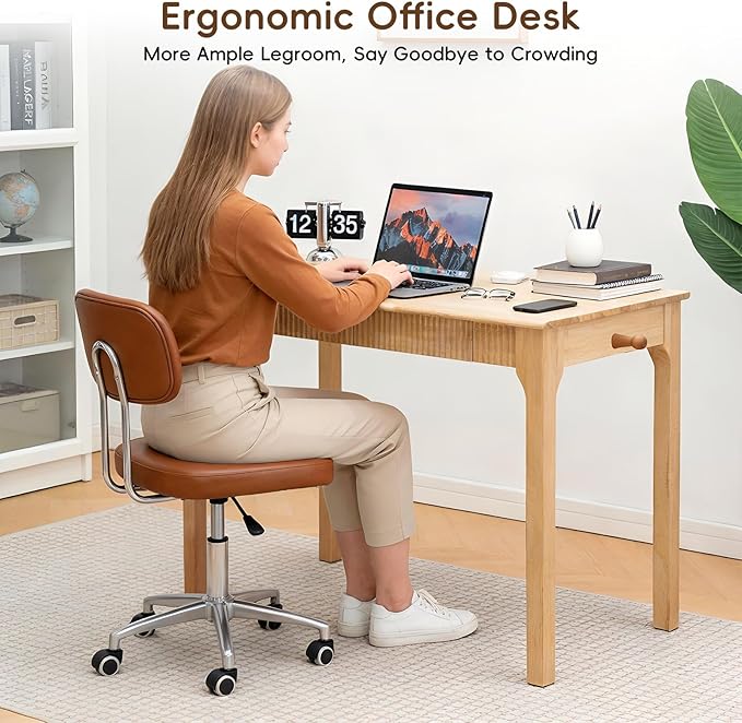 100% Solid Wood Desk with Drawers, Small Home Office Writing Wooden Desk, Vintage Wood Desk for Small Spaces, Bedroom, Work Study Computer Table with Fluted Design and Hooks (Natural)