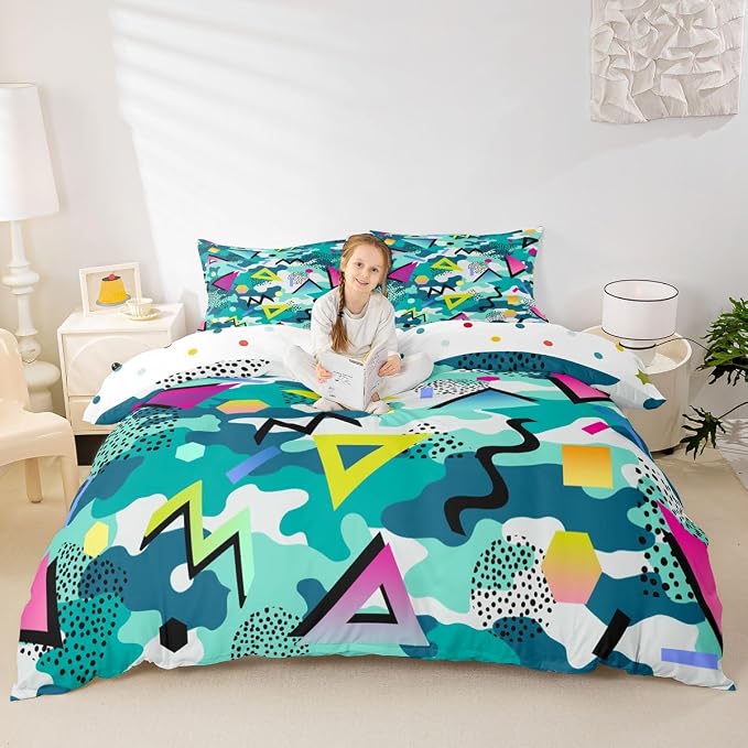 Camo Bedding Set Queen Size Abstract White Green Camouflage Comforter Cover,Vintage 80s 90s Memphis Duvet Cover Mens Hipster Hip-Hop Geometric Quilt Cover Military Theme Room Decor