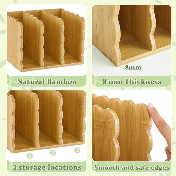 Novabright Bamboo File Magazine Holder Desk Organizer, 3 Vertical Compartments Workspace Sorters for Magazines, Binders, Notebooks, Envelopes (Scalloped Edge)