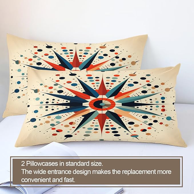 Retro Mid Century Duvet Cover King Size, Vintage Geometric Bedding Set 3 Piece Bedroom Decor Colorful Atomic Comforter Cover and 2 Pillow Sham with Zipper Closure