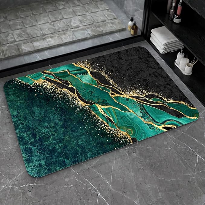 Diatomaceous Earth Bath Mat,Black and Green Gold Marble Non-Slip Volume Super Absorbent Fast Drying for Bathroom Kitchen Door mat,Eco-Friendly Easy to Clean 17×27.5Inch (43 * 70cm)