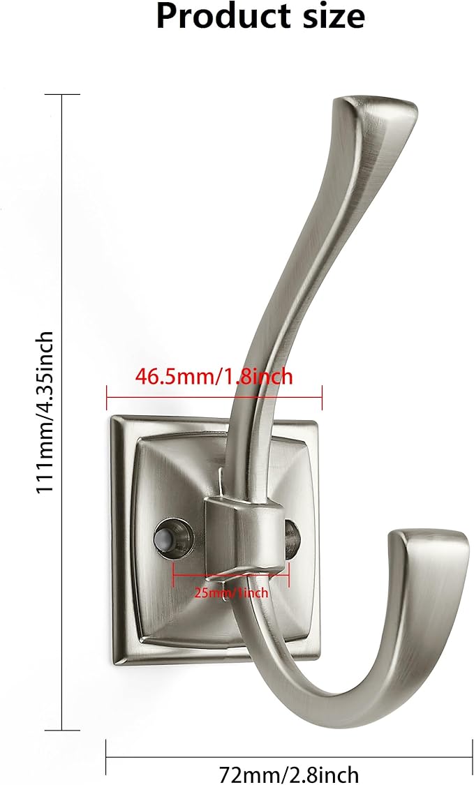 2 Pack Decorative Heavy Duty Towel Hooks for Hanging Robe Double Satin Nickel Coat Hooks Wall Mounted with Screws for Key, Towel, Bags, Cup, Hat
