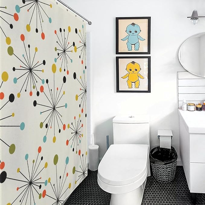 Mid Century Modern Shower Curtain, Geometric Atomic Abstract Iconic Pattern 1950s 1960s Retro Style Art Pastel Waterproof Fabric Bathroom Shower Curtain Set with Hooks,72"x78" Inch