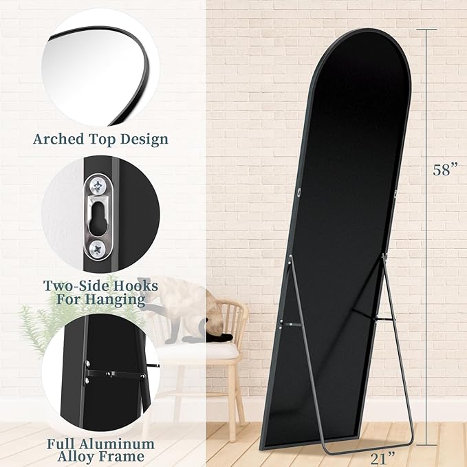 Full Length Mirror, 58"x21" Arched Full Body Mirror, Large Stand Up Aluminum Frame Floor Freestanding Hanging Leaning Mounted for Bedroom Living Room Entryway Black