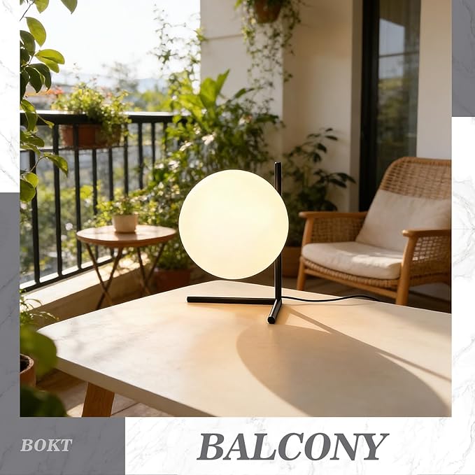 BOKT Modern Mid Century Matte Black Globe Table Lamp Post Modern Mini White Glass Desk Lamp Industrial Farmhouse Nightstand Bedside Lamp Lighting Fixture