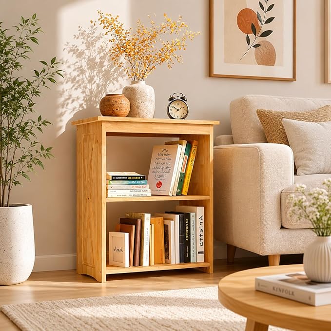 Rustic Bedside Table with Storage Shelf, Wood End Table for Bedroom & Living Room, Narrow Farmhouse Side Table, Modern Nightstand for Bedroom, Living Room and Office (Natural)
