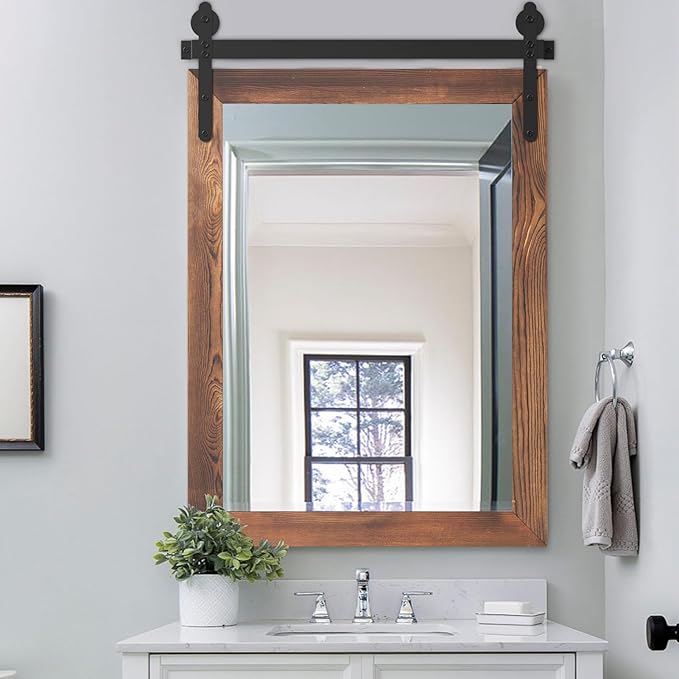 YOSHOOT Farmhouse Barn Door Wall Mirror, 32"x24", Rustic Wood Framed, Vintage Style, for Bathroom/Living Room/Entryway, Brown, Vertical Hanging ONLY
