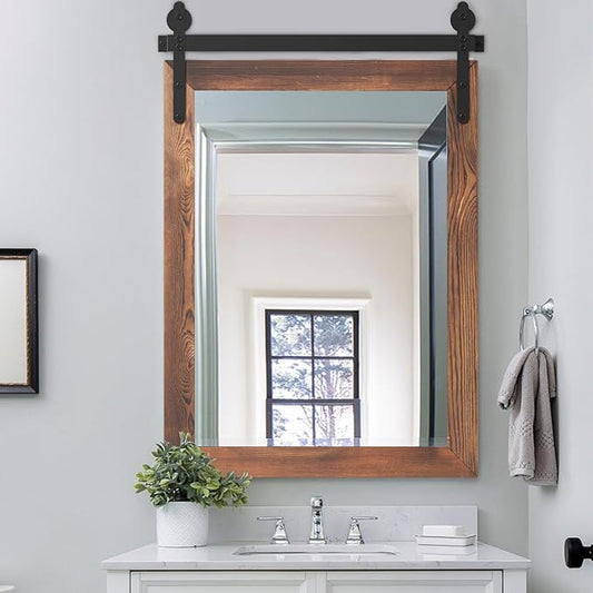 YOSHOOT Farmhouse Barn Door Wall Mirror, 32"x24", Rustic Wood Framed, Vintage Style, for Bathroom/Living Room/Entryway, Brown, Vertical Hanging ONLY