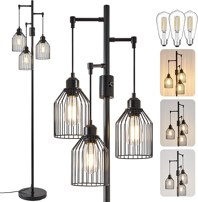 Dimmable Industrial Floor Lamp with 3 Cage Heads, 68.5" Black Tree Standing Lamp with Stepless Dimming, Modern Farmhouse Tall Pole Light for Living Room, Bedroom, Office, E26 Base (Bulbs Included)