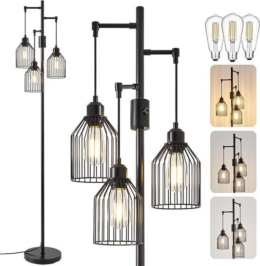 Dimmable Industrial Floor Lamp with 3 Cage Heads, 68.5" Black Tree Standing Lamp with Stepless Dimming, Modern Farmhouse Tall Pole Light for Living Room, Bedroom, Office, E26 Base (Bulbs Included)