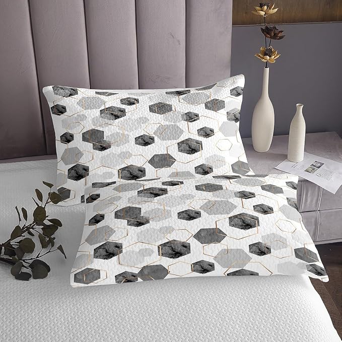 Erosebridal Grey Modern Quilt Set Twin - Marble Geometric Minimalist Coverlet Set, Fresh Abstract Geometric Art Decor Bed Sets for Boys Girls Watercolor Hexagon Quilts with 1 Pillowcase
