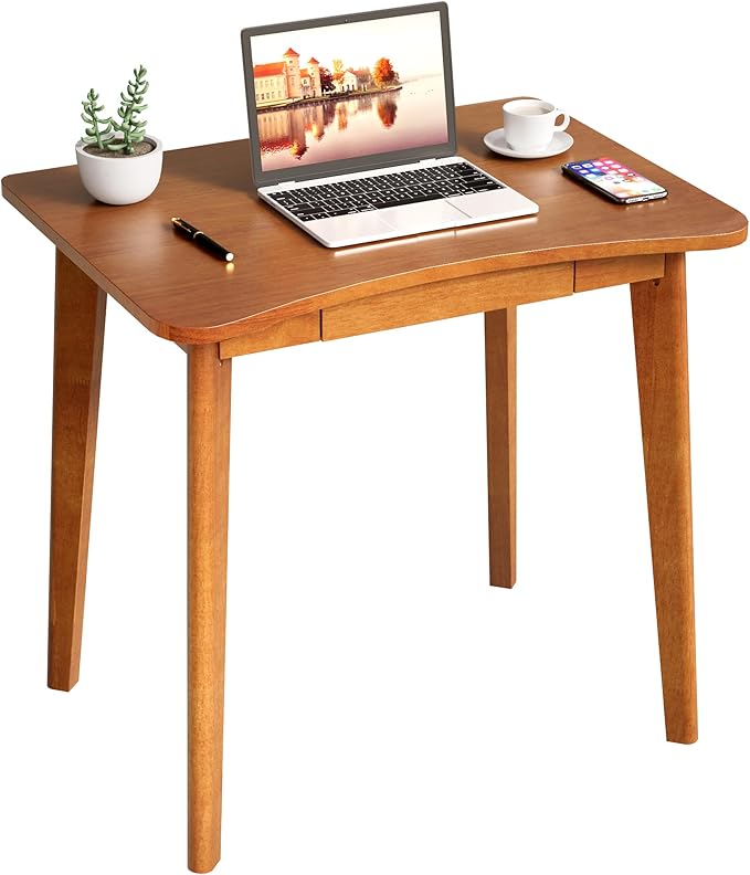 100% Solid Wood Desk with Drawers - 32 x 24 Inch Home Office Computer Desks, Modern Writing Desk with Drawers, Simple Study Table Makeup Vanity - Walnut Vintage Desks