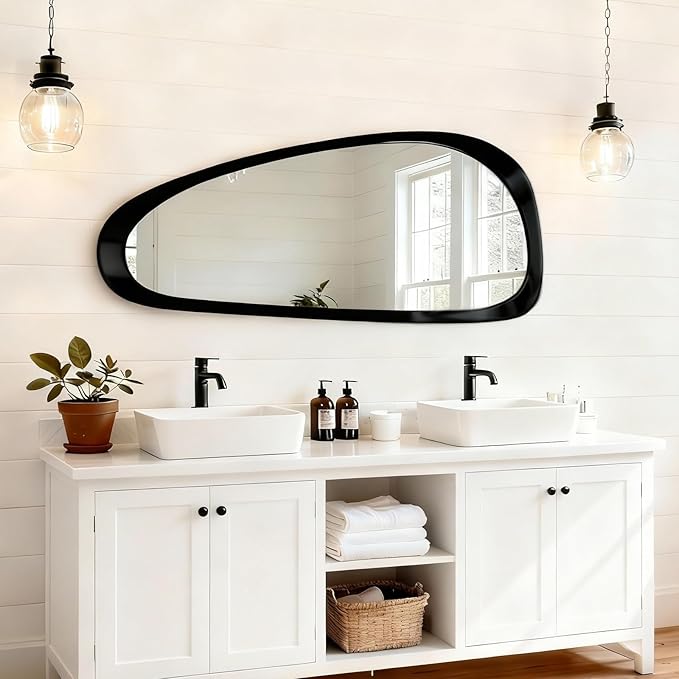 Asymmetrical Mirror, 48"x22" Irregular Mirror Full Length, Wood Wall Mirror for Bathroom Bedroom Living Room Entryway Hallway, Mid Century Modern Decor (Black)