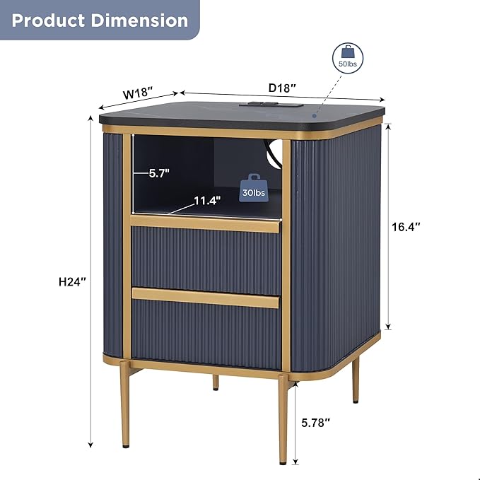 OKD Modern Chic Fluted Nightstand Set of 2 Luxury with Charging Station, End Table/Bed Side Table w/2 Drawers, Faux Marble Tabletop, Gold Metal Decor, Curved Edge Design, Navy Blue