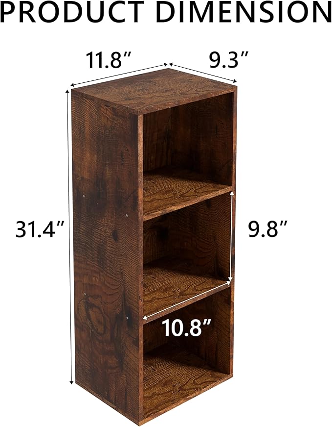 Wooden 3 Cube Storage Organizer, 3 Tier Storage Cubes Storage Display Cubby, Freestanding DIY Closet Shelving Unit for Living Room Bedroom Office (Retro Brown, 3 Cube-W(11.8inch)