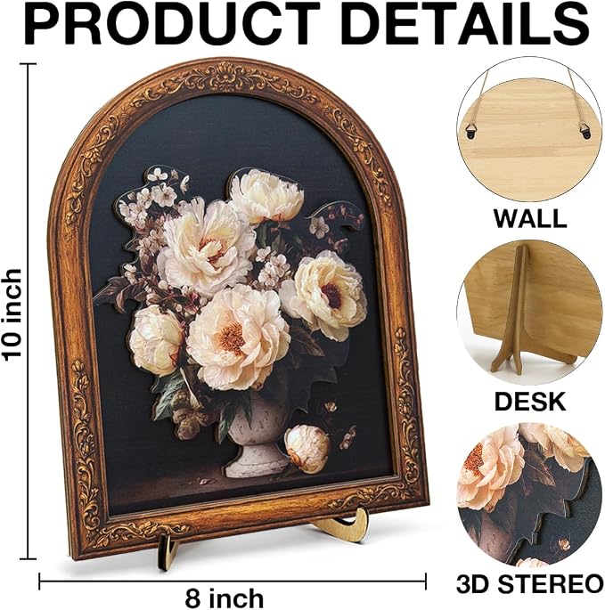 3D Vintage Peonies Floral Desk Decor Sign, Vintage Peony Flower Bouquet Framed Wall Art Sign for Home Bedroom Living Room Desk Wall Shelf Aesthetic Decor 8x10 Inch