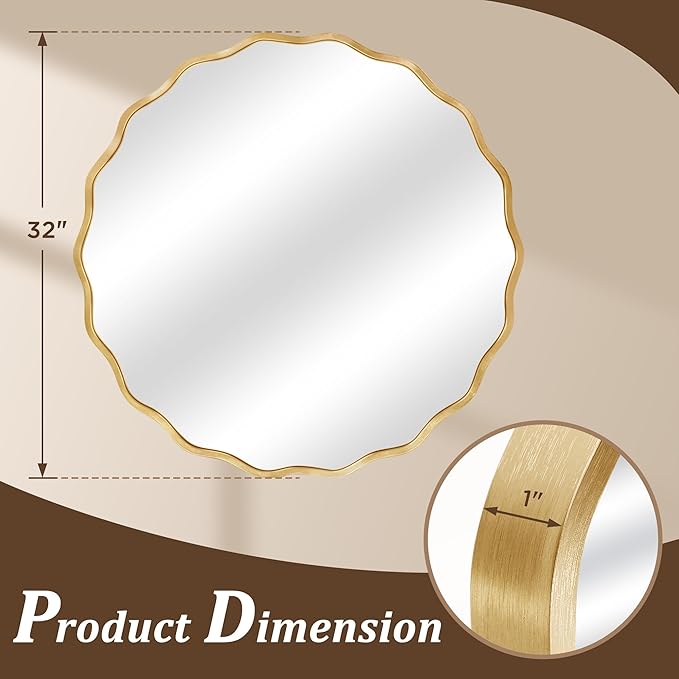 Gold Round Mirror for Wall, 32"x32" Decorative Wavy Bathroom Mirror with Brushed Alloy Steel Frame & Shatter-Proof Glass, Hanging Circle Wall Mirrors for Bathroom, Entryway, Bedroom