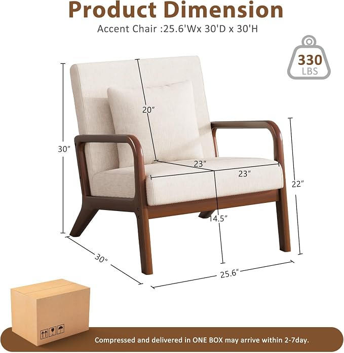 Mid Century Accent Chair with Solid Wood Frame, Upholstered Lumbar Pillow Lounge Chair Beige Linen Fabric Cozy Leisure Chair Relaxing Walnut Living Room Chair for Bedroom Waiting Room
