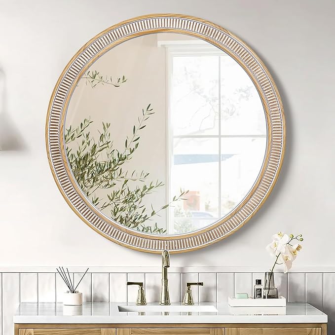 Round Wood Mirrors for Wall Decor, 30 Inch Rustic Farmhouse Circle Decorative Mirror for Bathroom, Living Room, Foyer, Entryway, Bedroom