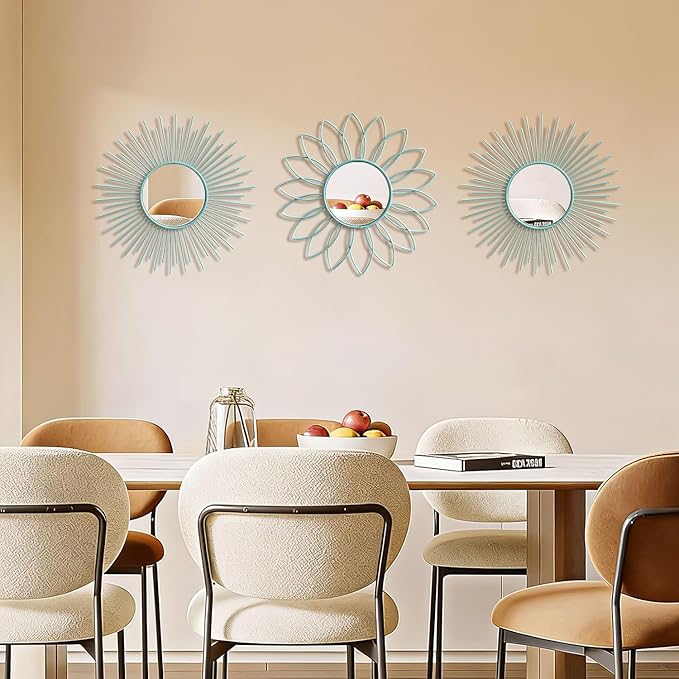 3 Pack Metal Mirrors for Wall Sunburst Wall Mirrors Home Décor Decorative Hanging Wall Art for Living Room Bedroom Entryway (Blue, Flower+Sunburst)