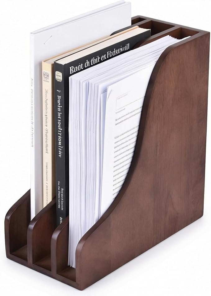 Solid Wood Vertical File Organizer, Desktop Document Holder with Customizable Design, Multifunctional Desk Organizer for Mail, Paper, Books, Files, Laptops, Office & Home Desktop Organization