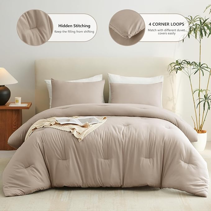 CozyLux King Size Comforter Set Wheat, 3 Pieces Lightweight Down Alternative Quilted Bedding Sets, Gray All Season Soft Breathable Solid Comforter with 2 Pillowcases, Luxury Bed Set Gift for Home