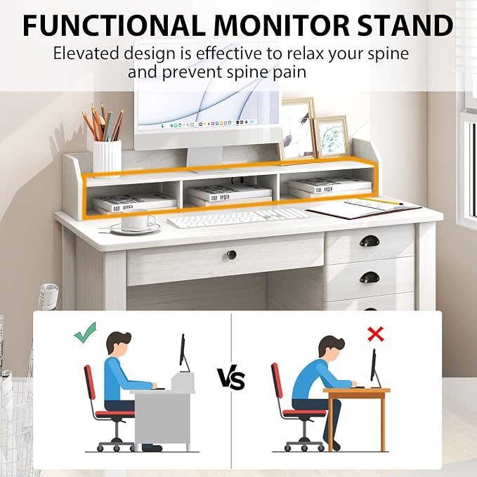 48" Vintage Computer Desk with 4 Storage Drawers & Top Hutch, Home Office Workstation with Drawer & Monitor Stand, Wooden Study Work Writing Table (White)