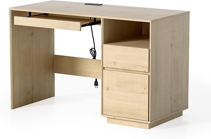 47" Executive Desk with File Drawer, Farmhouse Computer Desk with Charging Station and Open Storage Compartment Wooden Home Office Desk for Writing Study Working, Light Oak