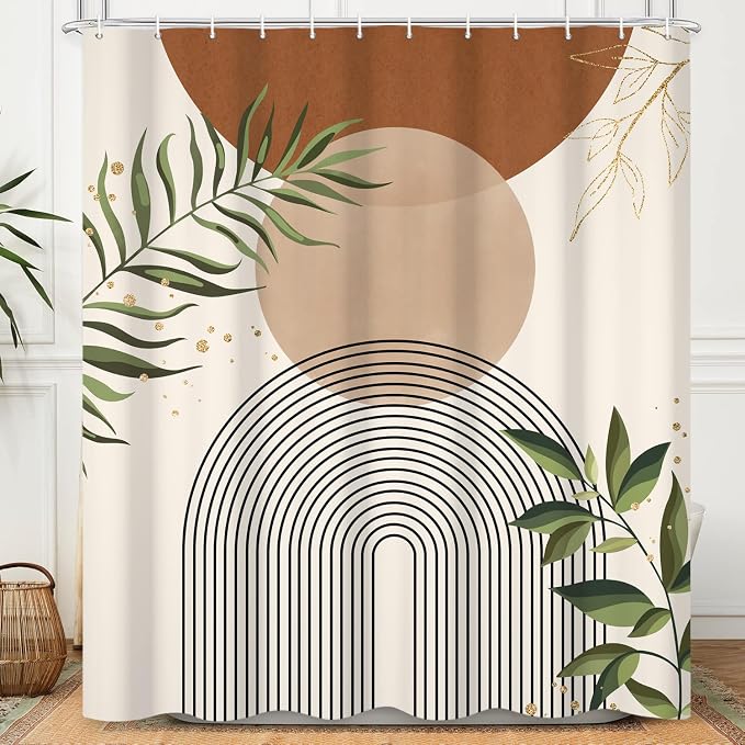 Boho Mid Century Shower Curtain, Brown Modern Minimalist Abstract Geometric Green Gold Plant Leaves Sun Arch Bathroom Curtains Waterproof Fabric Buthtub Curtain Set with Hooks 60" Wx72 L