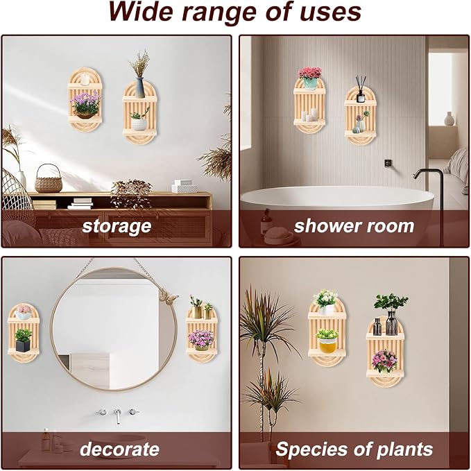 Qivine 2Pcs Boho Shelves for Wall, 2 Tier Rainbow Arch Wooden Floating Shleves, Boho Mid Century Shelf with Arched Wood Design Wall Mounted for Living Room, Bedroom, Bathroom Decor (Beige, 2-Tier)