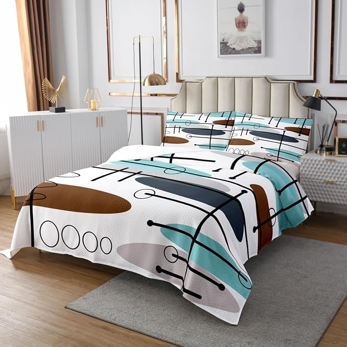 Erosebridal Mid Century King Quilt Set Modern Minimalist Coverlet Set, Hippie Old Fashion Bedding Set Abstract Artwork Bedspread Set, Aesthetic Lines Circles Bed Quilt Teal White Grey