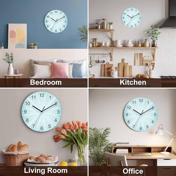 Abstract Wall Clock Battery Operated Non-Ticking 10" Round Wood Clocks, Sunburst Rays Light Blue Kitchen Wall Clock for School Bathroom Living Room Home Office Wall Decor