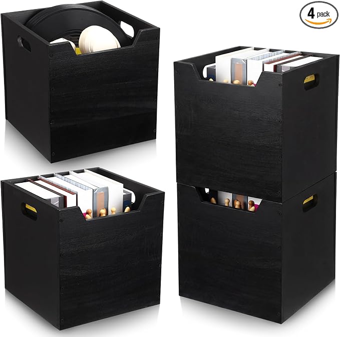 Colingmill 4 Pack Wooden Storage Box Bins Wood Crate with Open Front Stackable Cube Storage Organizer Bins for Books Records Home Pantry Clothes Toy Closet (11 Inch,Black)