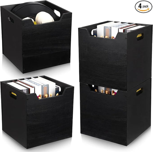 Colingmill 4 Pack Wooden Storage Box Bins Wood Crate with Open Front Stackable Cube Storage Organizer Bins for Books Records Home Pantry Clothes Toy Closet (11 Inch,Black)