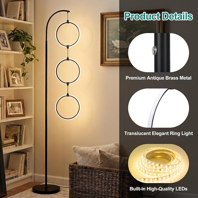 Bairth Black 3-Light LED Floor Lamp, Modern Arc Floor Lamp for Living Room, Industrial Stepless Dimmable & 3-Way Dimmable Tall Arch Standing Floor Lamp for Reading, Bedroom, Office, Matte Black
